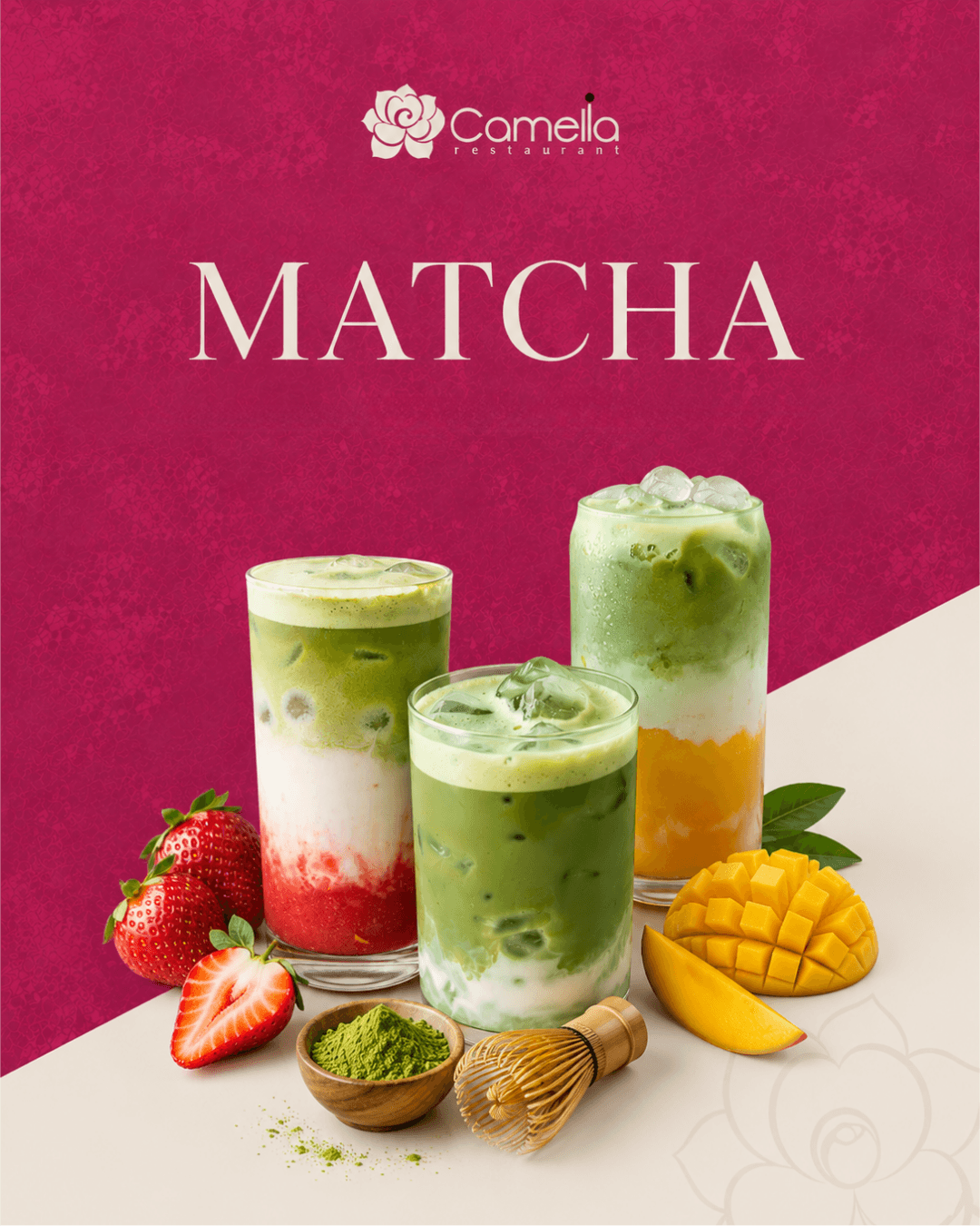 Campagnevisual van Camelia Restaurant voor matcha-dranken met aardbei en mango