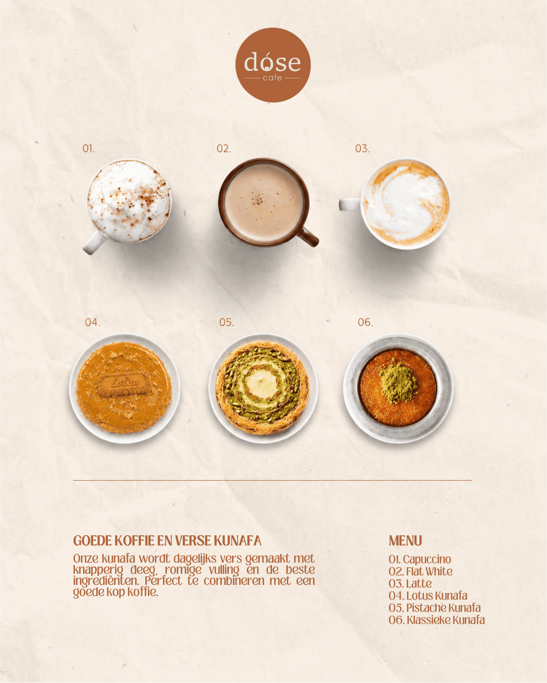 Menuoverzicht van Dose Cafe met koffie en kunafa