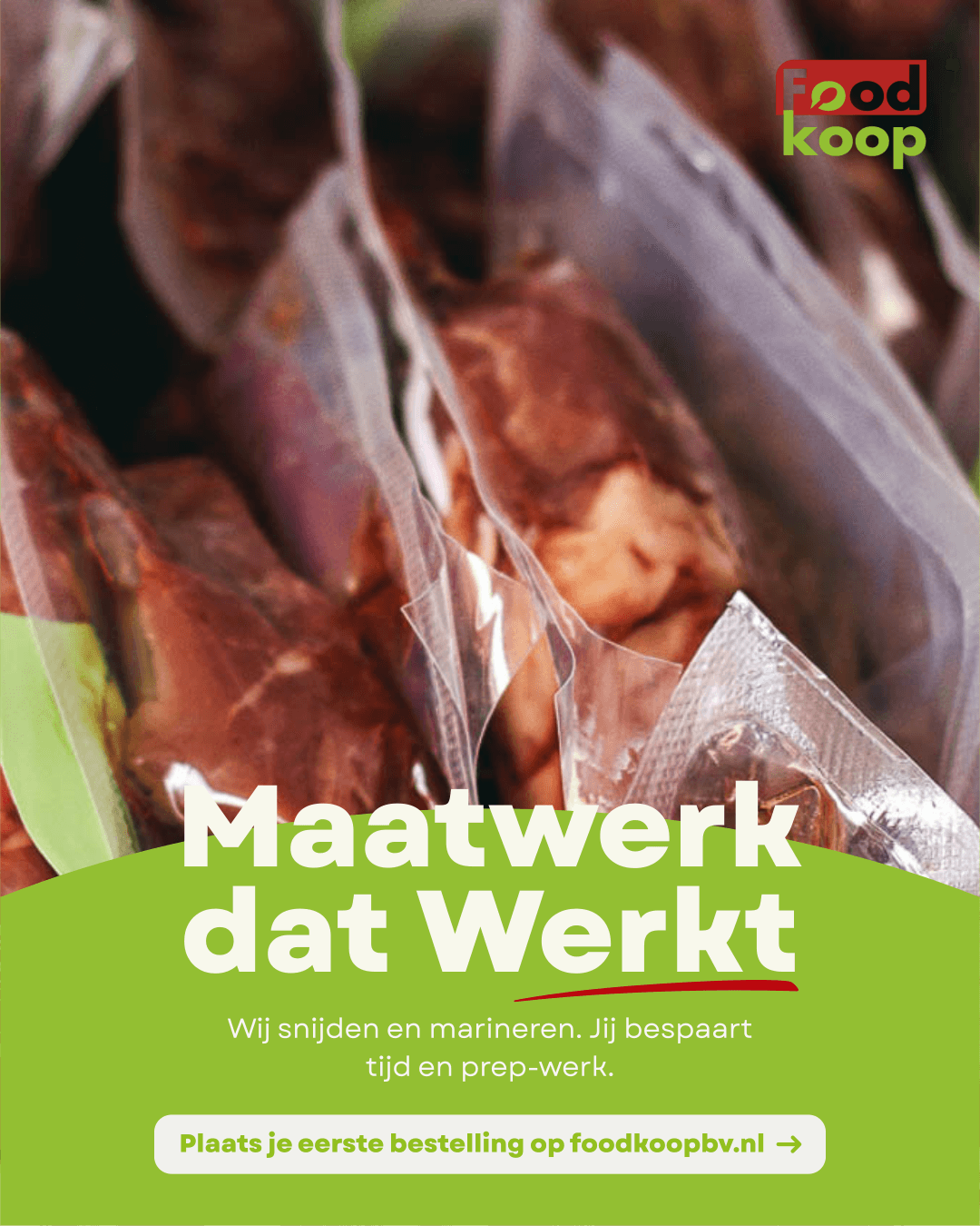 Campagnevisual van FoodKoop met de tekst 'Maatwerk dat Werkt'