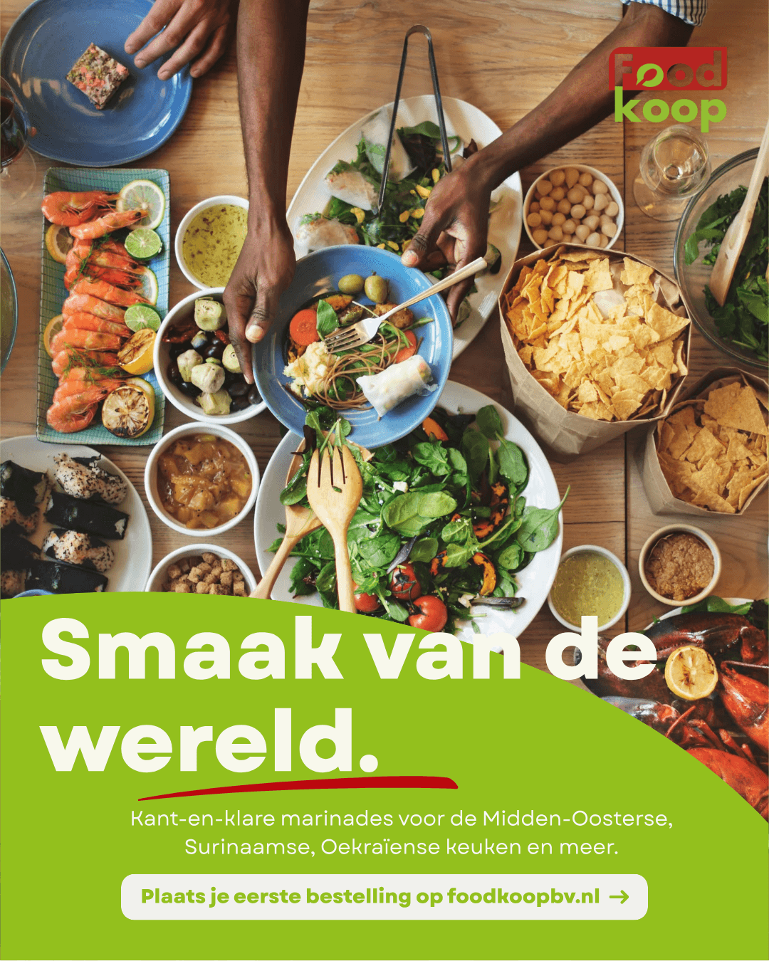 Campagnevisual van FoodKoop met de tekst 'Smaak van de wereld'
