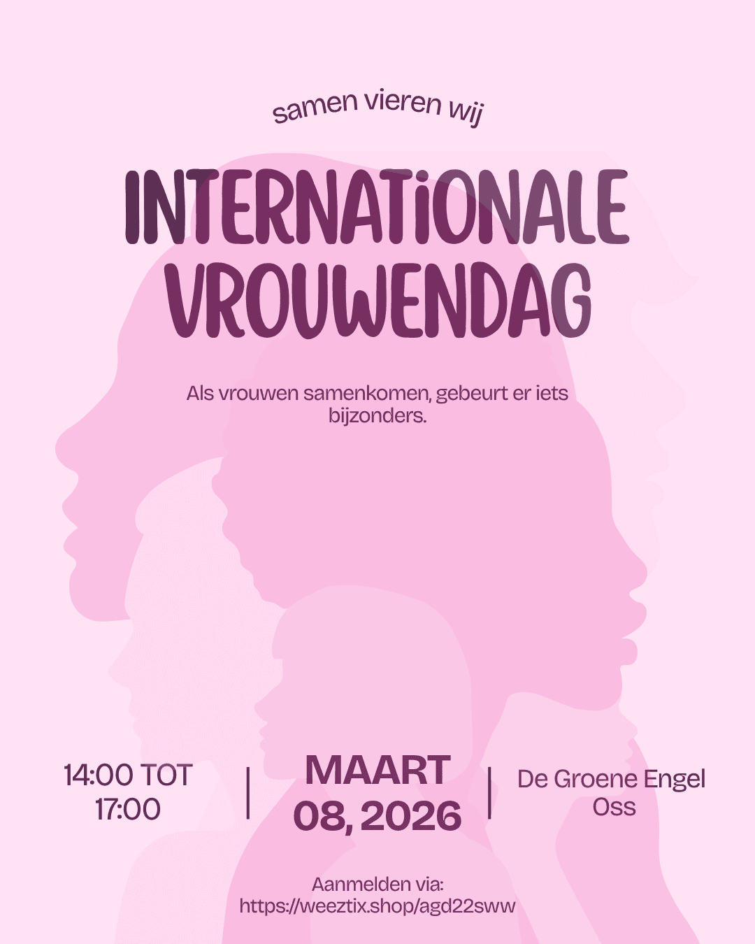 Campagnevisual voor Internationale Vrouwendag, met evenementinformatie