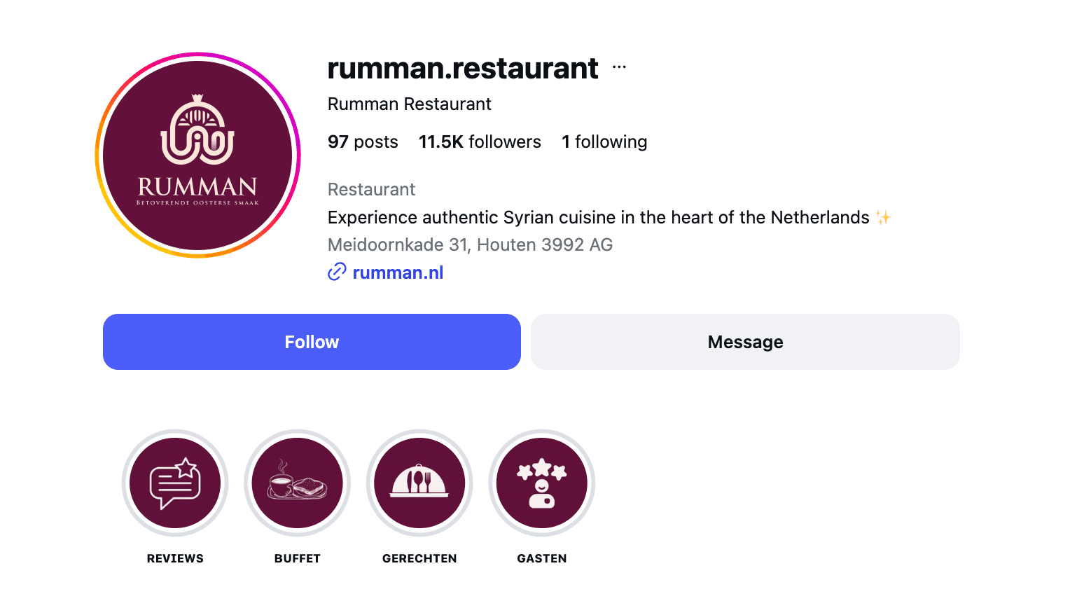 Instagramprofiel van Rumman Restaurant met logo en beschrijving 'Betoverende Oosterse smaak'