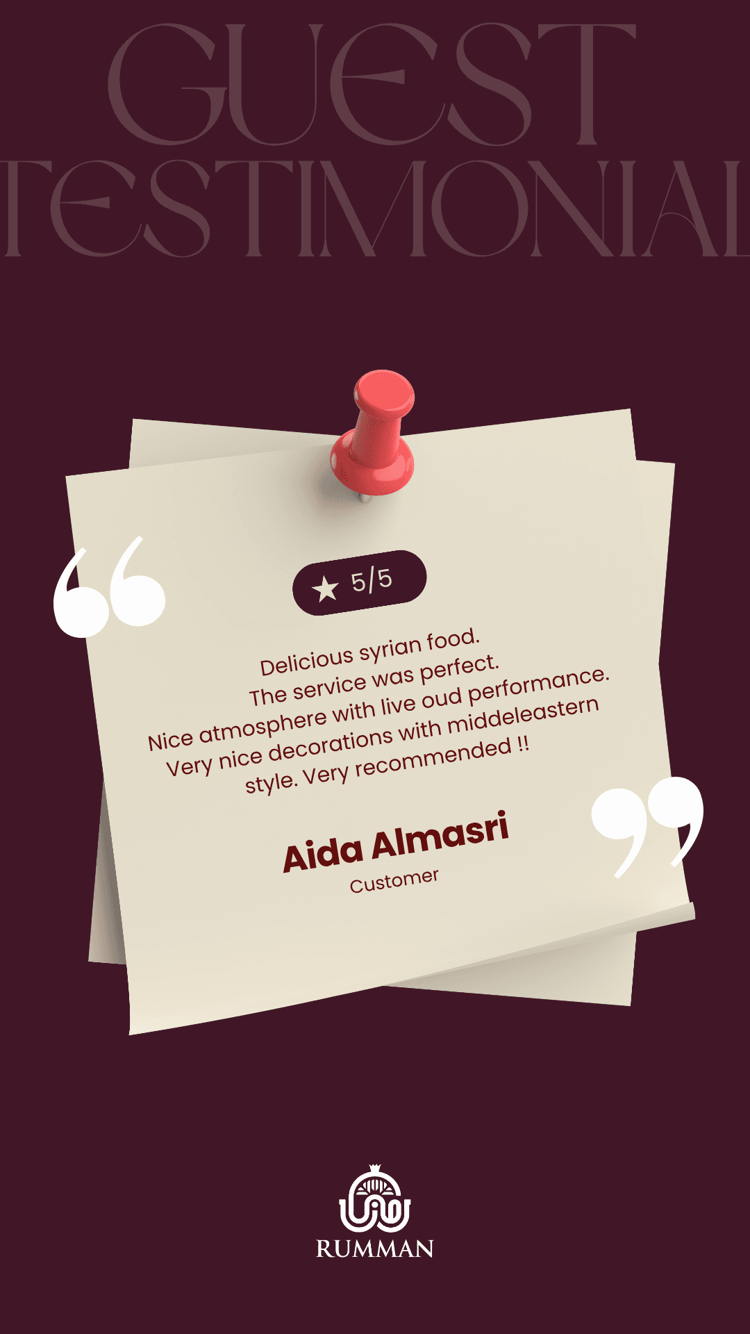 Klantreview van Aida Almasri voor Rumman Restaurant, 5 van de 5 sterren