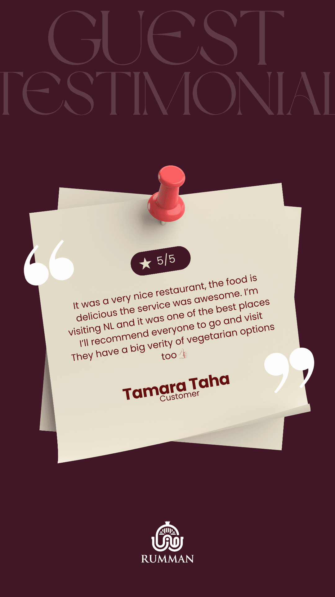 Klantreview van Tamara Taha voor Rumman Restaurant, 5 van de 5 sterren